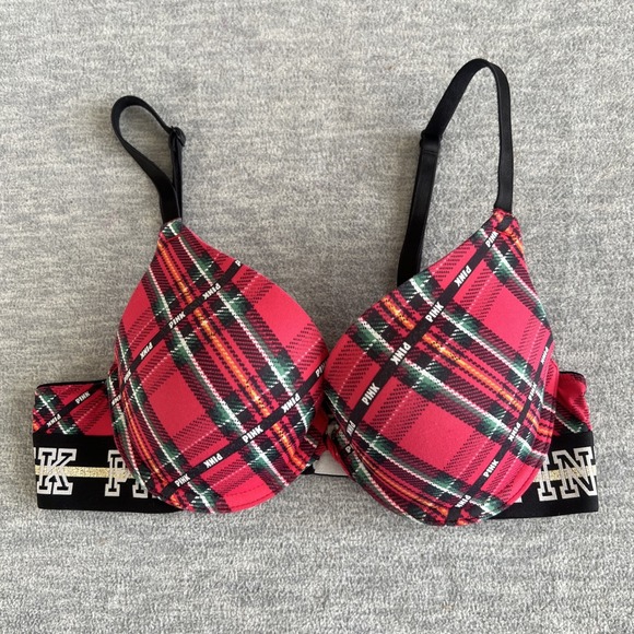 Victoria's Secret Pink Wear Everywhere Push Up Bra Women Sz. 32B Xmas Plaid EUC - Picture 1 of 10